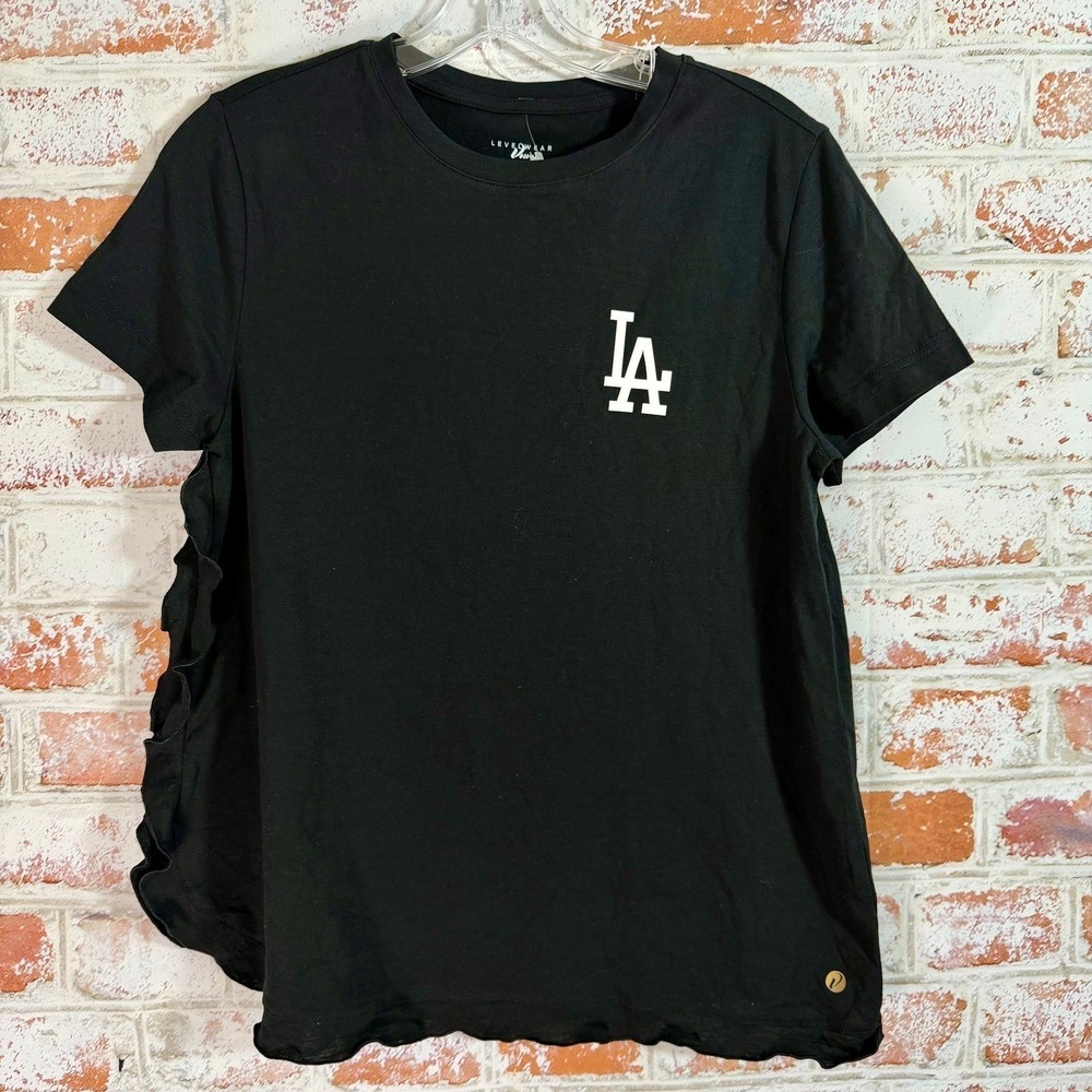 NWT Levelwear LA Dodgers T-Shirt Womens Small Black Ruffle Side Graphic Tee